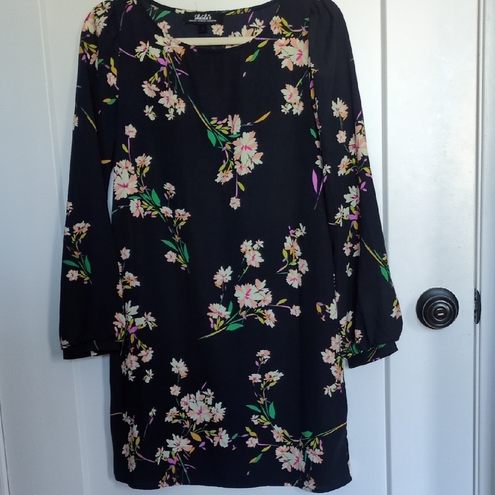 Lulu's Navy Long Sleeve Floral Shift Dress with Pink and Green